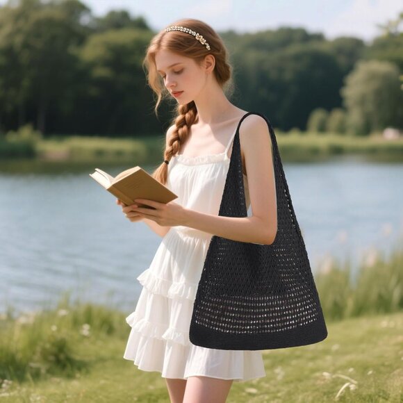 Women's Dark Black Shoulder Shopping Handbag Casual Travel Totes Fold Able Bags - Picture 6 of 7